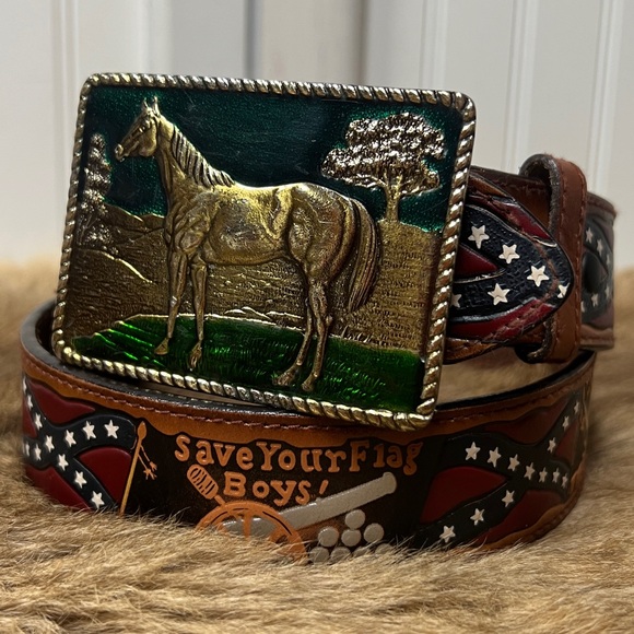 80s Rebel Confederate Flag Civil War Belt & Buckle 34 Vintage Western - Picture 5 of 8
